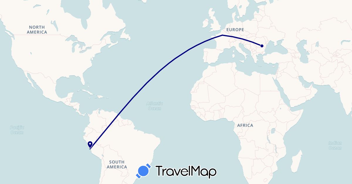 TravelMap itinerary: driving in France, Peru, Romania (Europe, South America)